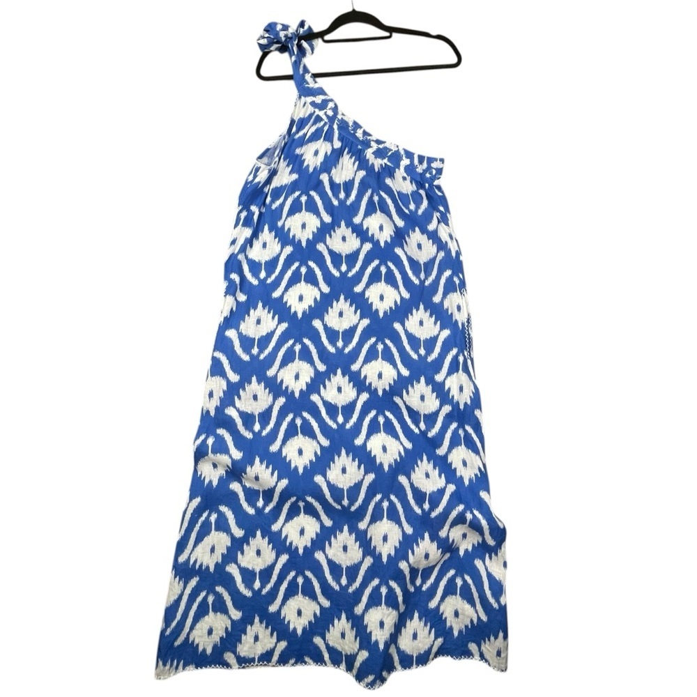 Nimo With Love Water Lilly Ikat Blue 100% Linen Maxi One-Shoulder Dress - Sz S